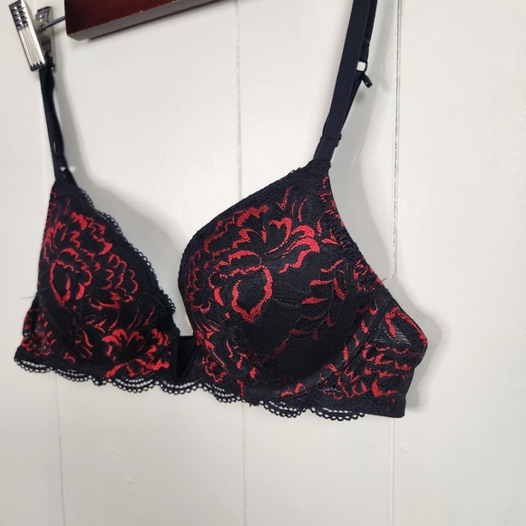 La Senza Obsession Black Red Lace Bra Plunge Underwire Padded Push-Up 34A sexy - Picture 3 of 7